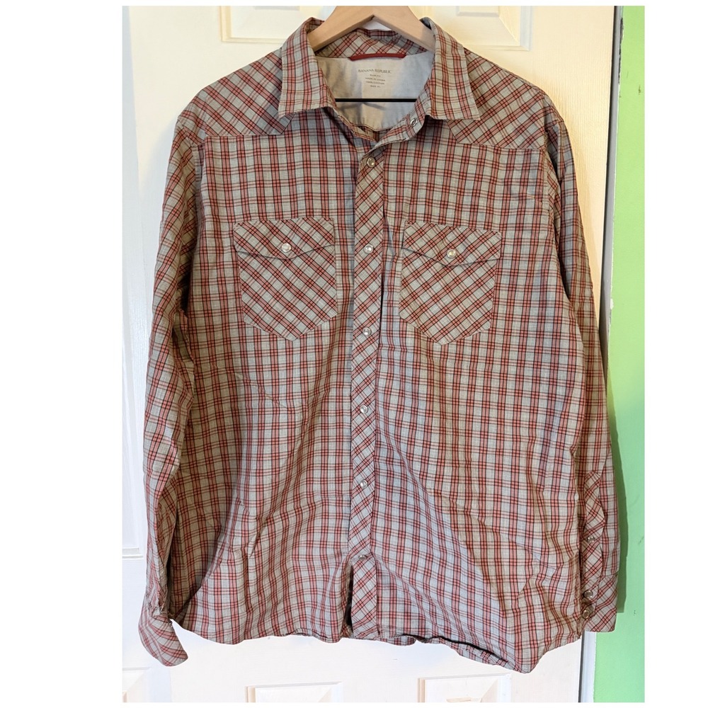 Banana Republic Western Shirt Mens XL Grey orange Plaid Slim Fit Pearl Snap